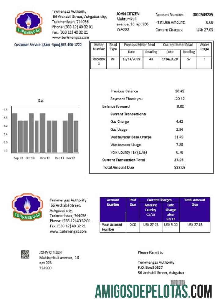 Em branco modelo de conta de serviços públicos do Turcomenistão Turkmengaz em formato Word e PDF